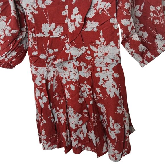 Easel Red Floral Dress Sweetheart Neckline Bubble Sleeve Ruched Bodice SZ L - Picture 5 of 13